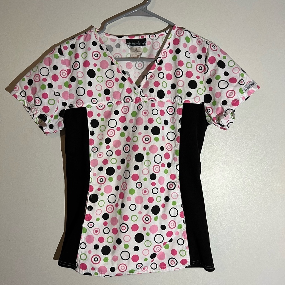 White Polka Dot Cherokee Scrubs Top